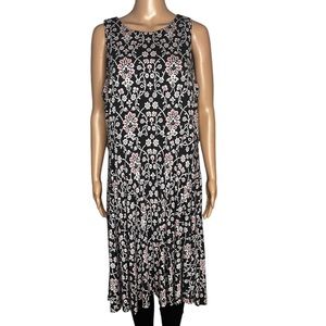 Loft women’s black floral print short sleeve round neck pleated dress size L